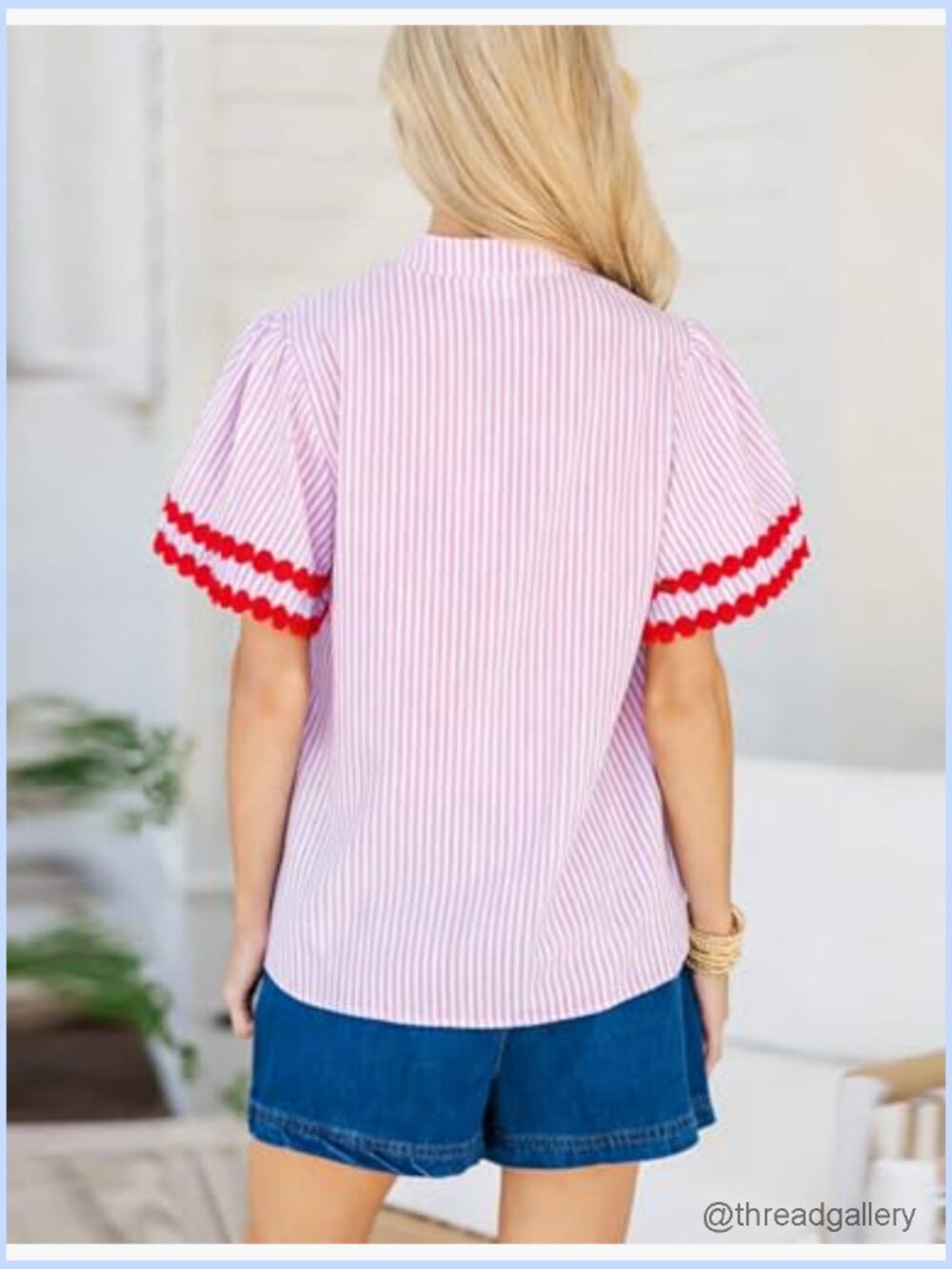 V Neck Puff Sleeve Striped Cotton Pullover Blouse Rickrack Top - Picture 3 of 7